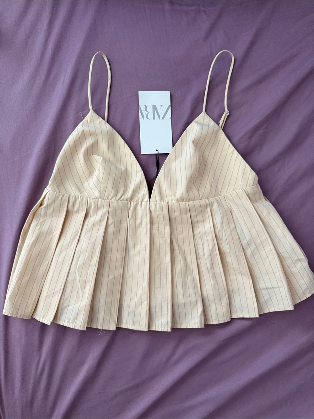 Zara Cream Pinstripe Pleated Cami